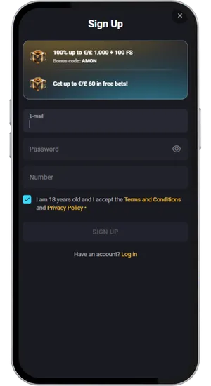 Online casino registration form with age verification checkbox