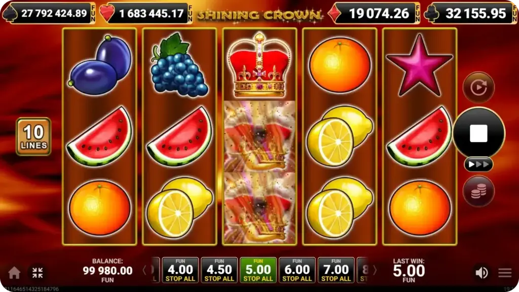 Expanding Wild symbol in Shining Crown filling a full reel and connecting multiple paylines in a single spin result