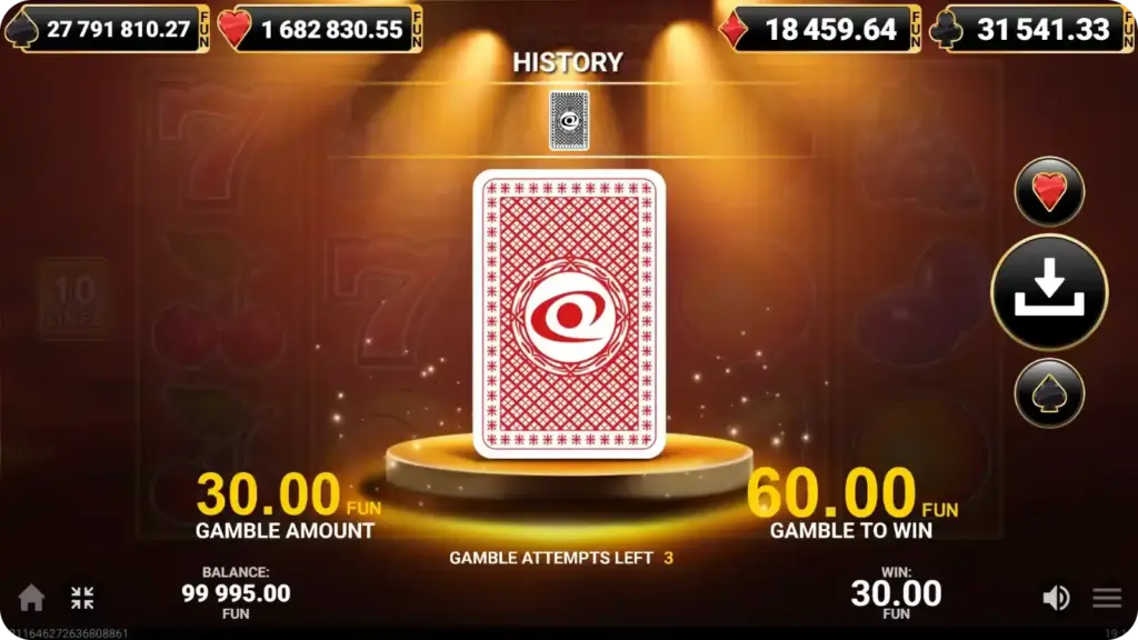 Gamble feature in Shining Crown showing a card selection screen where the player chooses red or black to double the current win