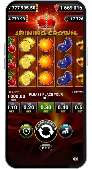 Casino slots catalogue with Shining Crown game tile highlighted in search results