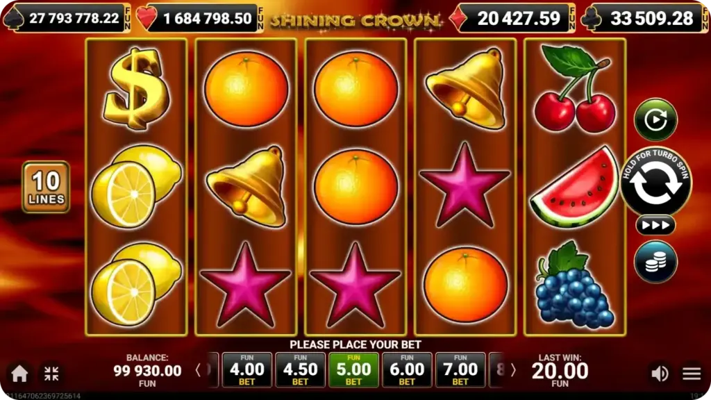 Shining Crown reels displaying scatter symbols across different positions, resulting in a direct payout without entering a bonus mode