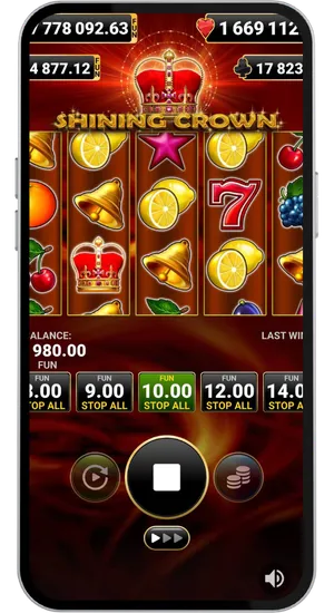 Shining Crown slot interface with stake selector and Spin button visible