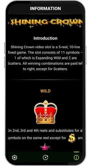 Paytable screen showing wild symbol rules and payout info in Shining Crown