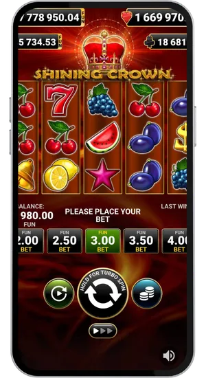 Main reels and layout of the Shining Crown slot base game