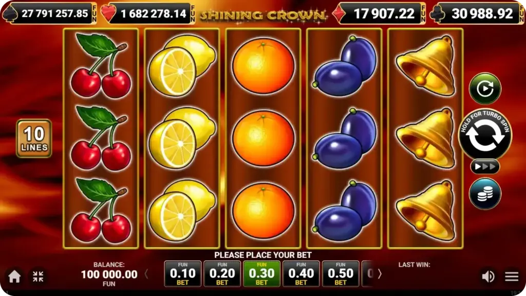 Shining Crown gameplay screen showing a classic 5x3 slot layout with fruit symbols