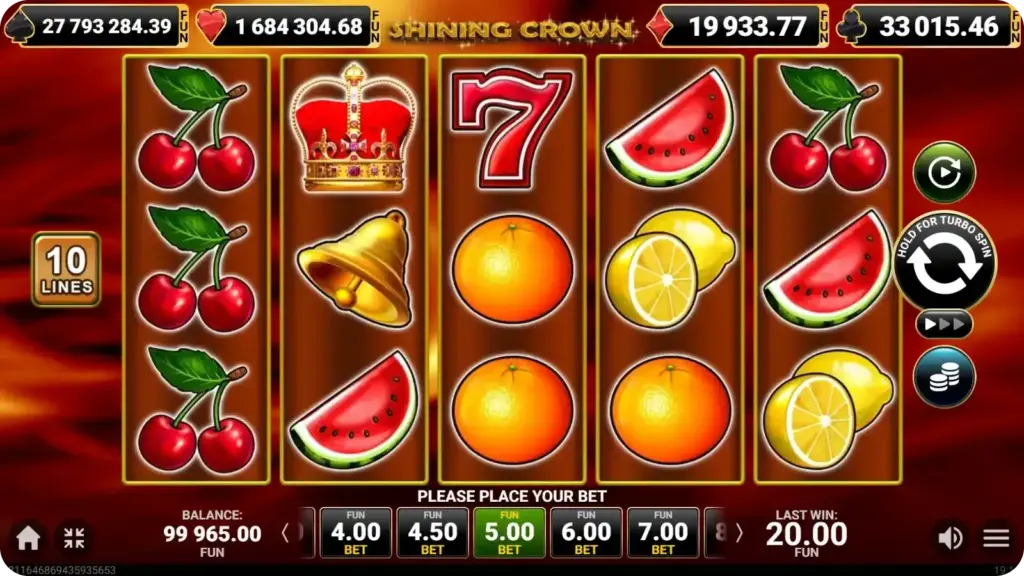 Shining Crown slot reels showing a Wild symbol replacing regular fruit symbols to complete a winning payline on the 5x3 grid
